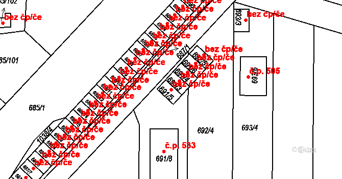Holešov 41044410 na parcele st. 691/5 v KÚ Všetuly, Katastrální mapa