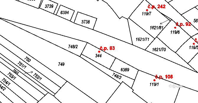 Hradčovice 83 na parcele st. 344 v KÚ Hradčovice, Katastrální mapa