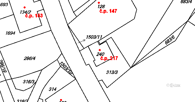 Rosice 217 na parcele st. 240 v KÚ Rosice u Chrasti, Katastrální mapa