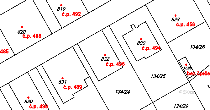 Rosice 495, Pardubice na parcele st. 832 v KÚ Rosice nad Labem, Katastrální mapa