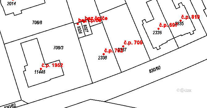 Bílé Předměstí 702, Pardubice na parcele st. 2338 v KÚ Pardubice, Katastrální mapa