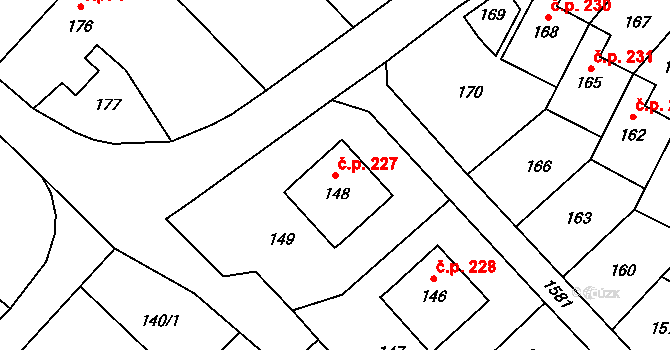 Sobotín 227 na parcele st. 148 v KÚ Sobotín, Katastrální mapa