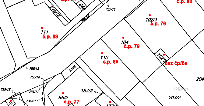 Jarohněvice 85 na parcele st. 110 v KÚ Jarohněvice, Katastrální mapa