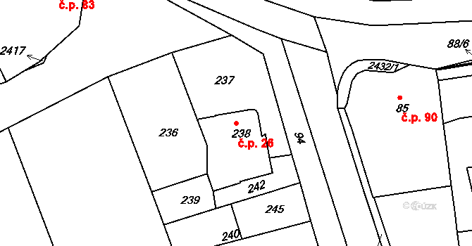 Popovice 26, Rataje na parcele st. 238 v KÚ Popovice u Kroměříže, Katastrální mapa