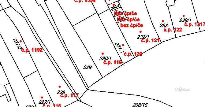 Holešov 119 na parcele st. 230/1 v KÚ Holešov, Katastrální mapa