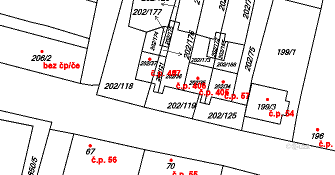 Hevlín 406 na parcele st. 202/36 v KÚ Hevlín, Katastrální mapa