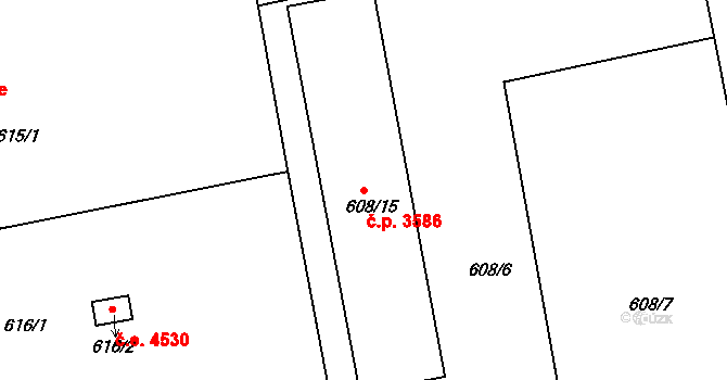 Znojmo 3586 na parcele st. 608/15 v KÚ Znojmo-Louka, Katastrální mapa