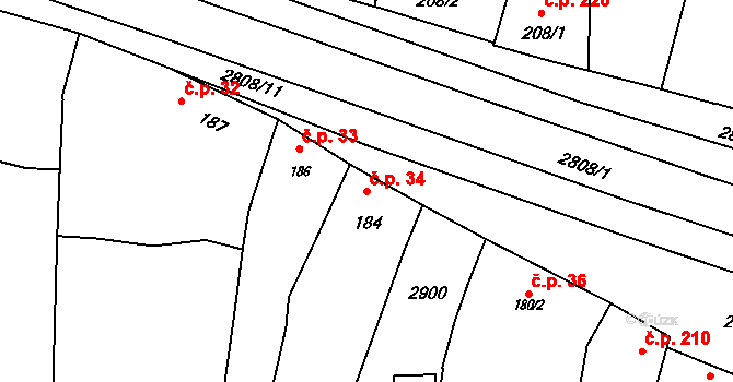 Hranice IV-Drahotuše 34, Hranice na parcele st. 184 v KÚ Drahotuše, Katastrální mapa