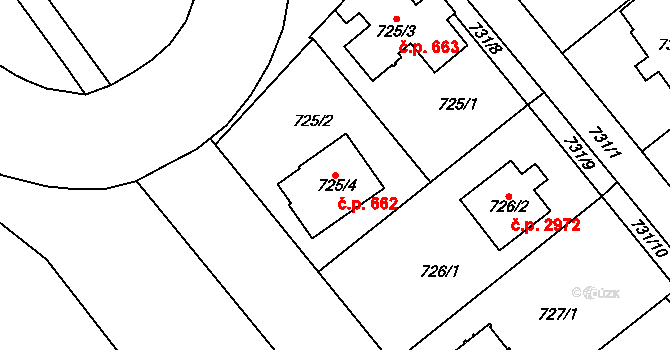 Mělník 662 na parcele st. 725/4 v KÚ Mělník, Katastrální mapa