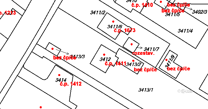 Dobrá Voda u Českých Budějovic 1411 na parcele st. 3412 v KÚ Dobrá Voda u Českých Budějovic, Katastrální mapa