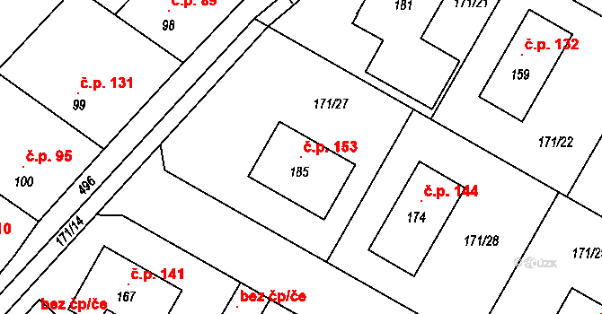 Třebešice 153 na parcele st. 185 v KÚ Třebešice, Katastrální mapa