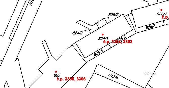 Jablonecké Paseky 3303,3304, Jablonec nad Nisou na parcele st. 824/1 v KÚ Jablonecké Paseky, Katastrální mapa