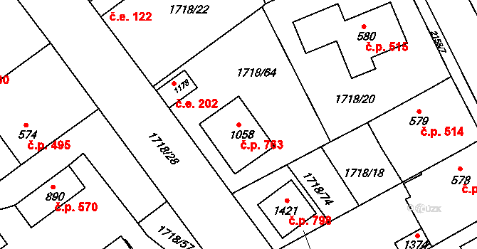 Brtnice 763 na parcele st. 1058 v KÚ Brtnice, Katastrální mapa