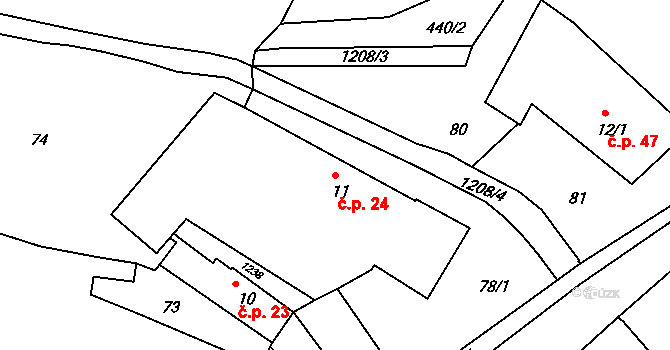 Růžená 24 na parcele st. 11 v KÚ Růžená, Katastrální mapa