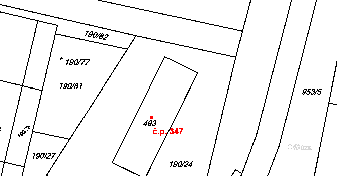 Rožďalovice 347 na parcele st. 493 v KÚ Rožďalovice, Katastrální mapa