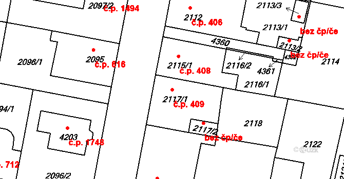 Čelákovice 409 na parcele st. 2117/1 v KÚ Čelákovice, Katastrální mapa