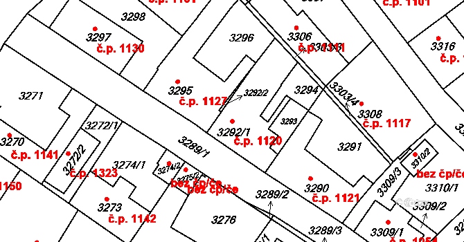 Roztoky 1120 na parcele st. 3292/1 v KÚ Žalov, Katastrální mapa