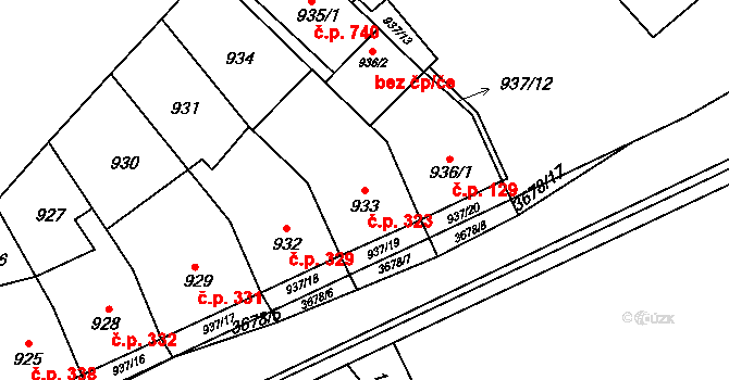 Vyškov-Předměstí 323, Vyškov na parcele st. 933 v KÚ Vyškov, Katastrální mapa
