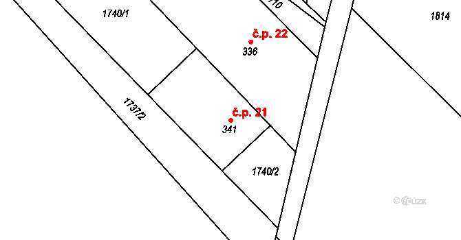 Krnalovice 21, Hukvaldy na parcele st. 341 v KÚ Rychaltice, Katastrální mapa