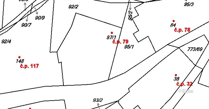 Sendražice 79 na parcele st. 87/1 v KÚ Sendražice u Smiřic, Katastrální mapa