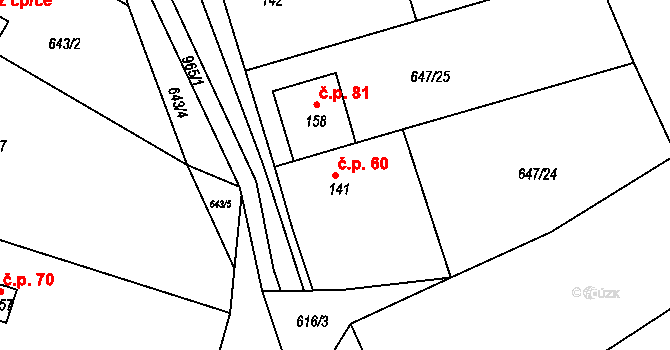 Milovice 60, Soběsuky na parcele st. 141 v KÚ Milovice, Katastrální mapa
