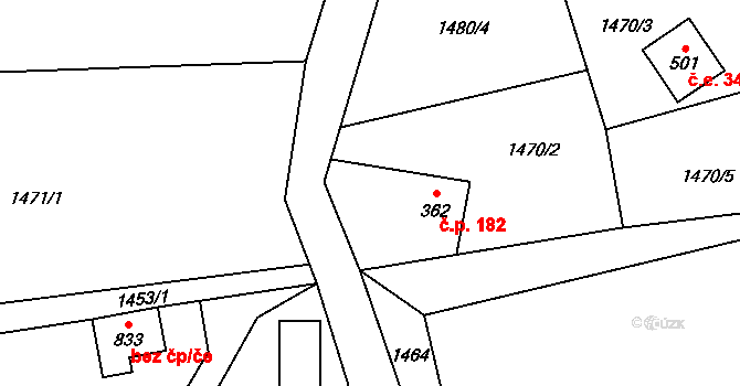 Solanec pod Soláněm 182, Hutisko-Solanec na parcele st. 362 v KÚ Solanec pod Soláněm, Katastrální mapa