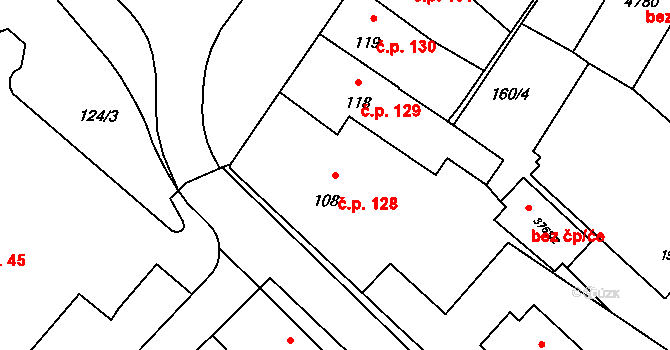 Rožnov pod Radhoštěm 128 na parcele st. 108 v KÚ Rožnov pod Radhoštěm, Katastrální mapa