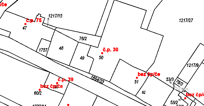 Měrunice 30 na parcele st. 50 v KÚ Měrunice, Katastrální mapa