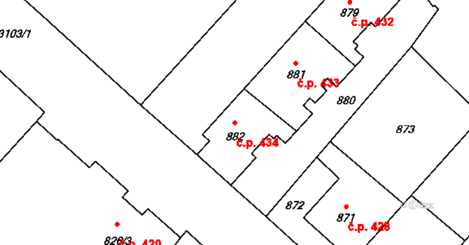 Místek 434, Frýdek-Místek na parcele st. 882 v KÚ Místek, Katastrální mapa