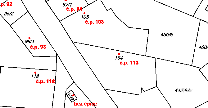 Ratenice 113 na parcele st. 104 v KÚ Ratenice, Katastrální mapa