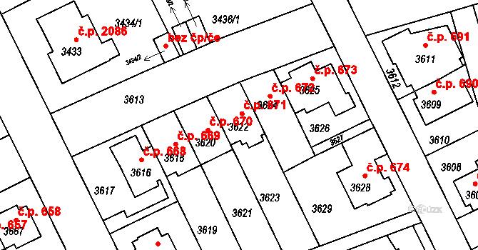 Záběhlice 671, Praha na parcele st. 3622 v KÚ Záběhlice, Katastrální mapa