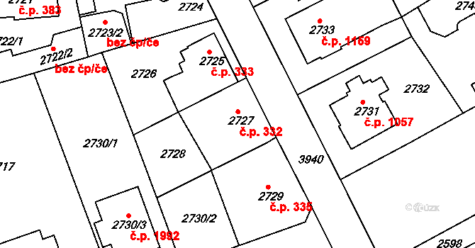 Modřany 332, Praha na parcele st. 2727 v KÚ Modřany, Katastrální mapa
