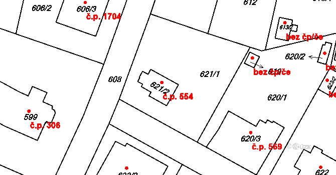 Kunratice 554, Praha na parcele st. 621/2 v KÚ Kunratice, Katastrální mapa