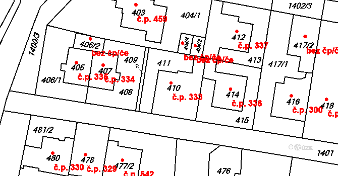 Řepy 333, Praha na parcele st. 410 v KÚ Řepy, Katastrální mapa