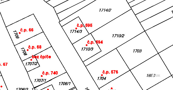 Těšice 594, Mikulčice na parcele st. 1710/3 v KÚ Mikulčice, Katastrální mapa