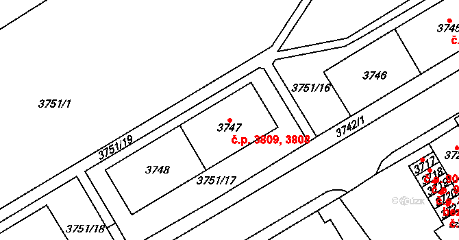 Chomutov 3808,3809 na parcele st. 3747 v KÚ Chomutov I, Katastrální mapa