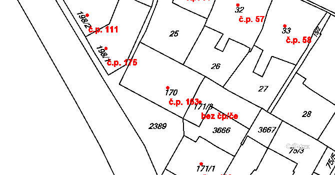 Rosice 163 na parcele st. 170 v KÚ Rosice u Brna, Katastrální mapa