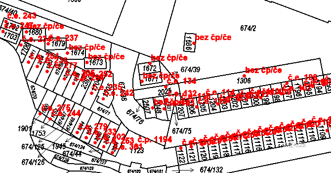 Rosice 134 na parcele st. 2025 v KÚ Rosice u Brna, Katastrální mapa