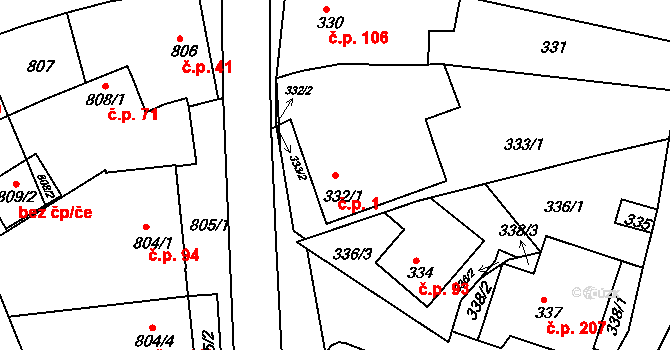Mokrá 1, Mokrá-Horákov na parcele st. 332/1 v KÚ Mokrá u Brna, Katastrální mapa
