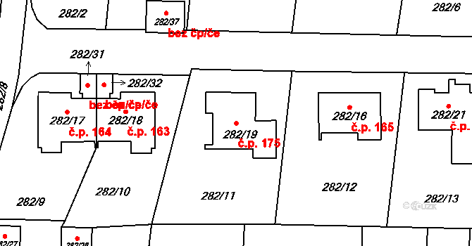 Červený Hrádek 175, Plzeň na parcele st. 282/19 v KÚ Červený Hrádek u Plzně, Katastrální mapa