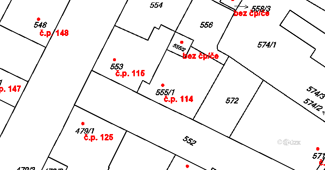 Křimice 114, Plzeň na parcele st. 555/1 v KÚ Křimice, Katastrální mapa
