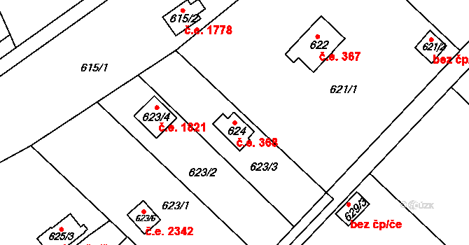 Doudlevce 368, Plzeň na parcele st. 624 v KÚ Doudlevce, Katastrální mapa