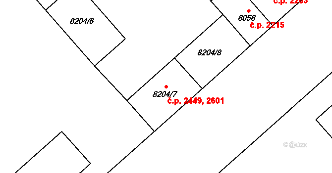 Jižní Předměstí 2449,2601, Plzeň na parcele st. 8204/8 v KÚ Plzeň, Katastrální mapa