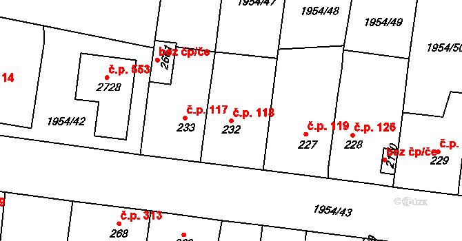 Litice 118, Plzeň na parcele st. 232 v KÚ Litice u Plzně, Katastrální mapa
