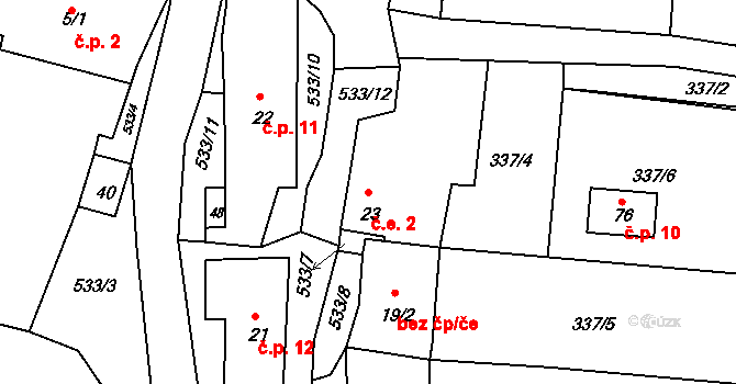 Dubičná 2, Úštěk na parcele st. 23 v KÚ Dubičná, Katastrální mapa