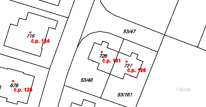 Zdiby 151 na parcele st. 726 v KÚ Zdiby, Katastrální mapa