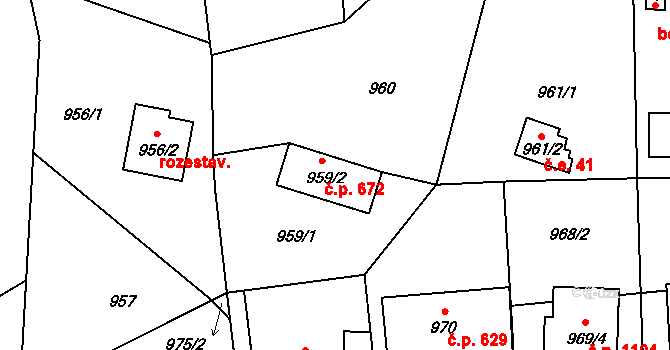 Stodůlky 672, Praha na parcele st. 959/2 v KÚ Stodůlky, Katastrální mapa