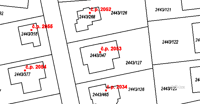 Roztoky 2053 na parcele st. 2443/347 v KÚ Roztoky u Prahy, Katastrální mapa
