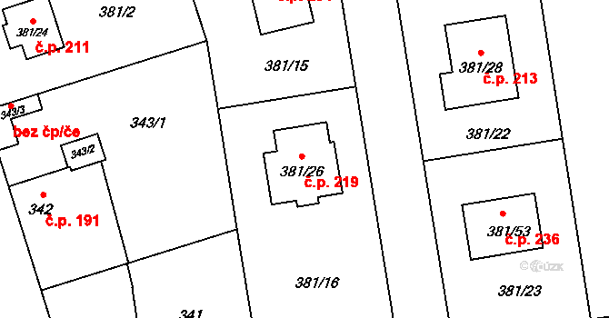 Slavětín 219 na parcele st. 381/26 v KÚ Slavětín nad Ohří, Katastrální mapa