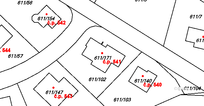 Srubec 541 na parcele st. 611/171 v KÚ Srubec, Katastrální mapa